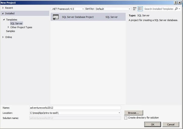 SQL Server Data Tools - New Project Details